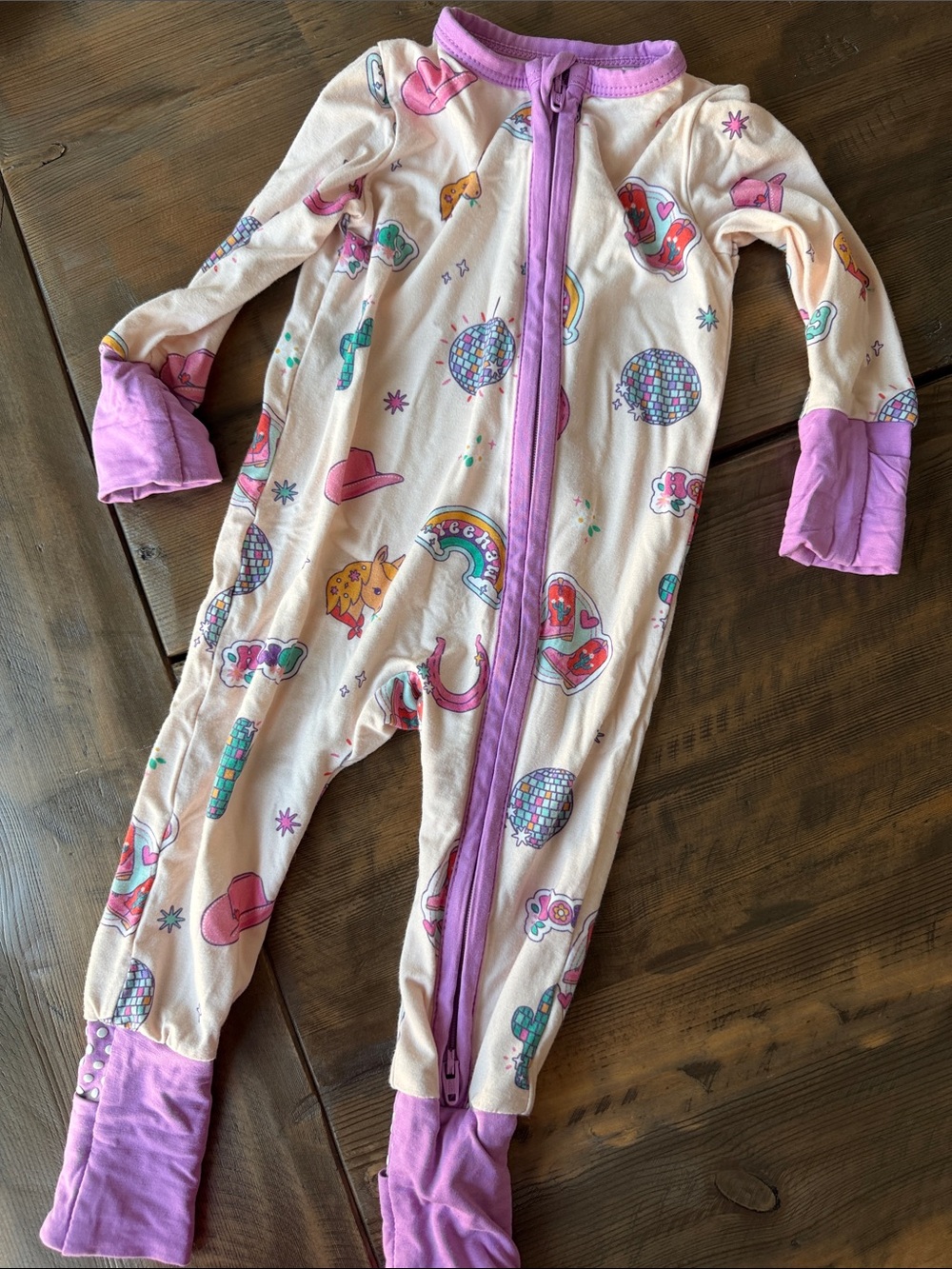 Angel Dear Pink One-Piece Footie with Purple Trim and Colorful Print